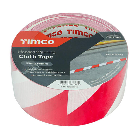 Timco Hazard Warning Cloth Tape Red And White 50mm x 33m
