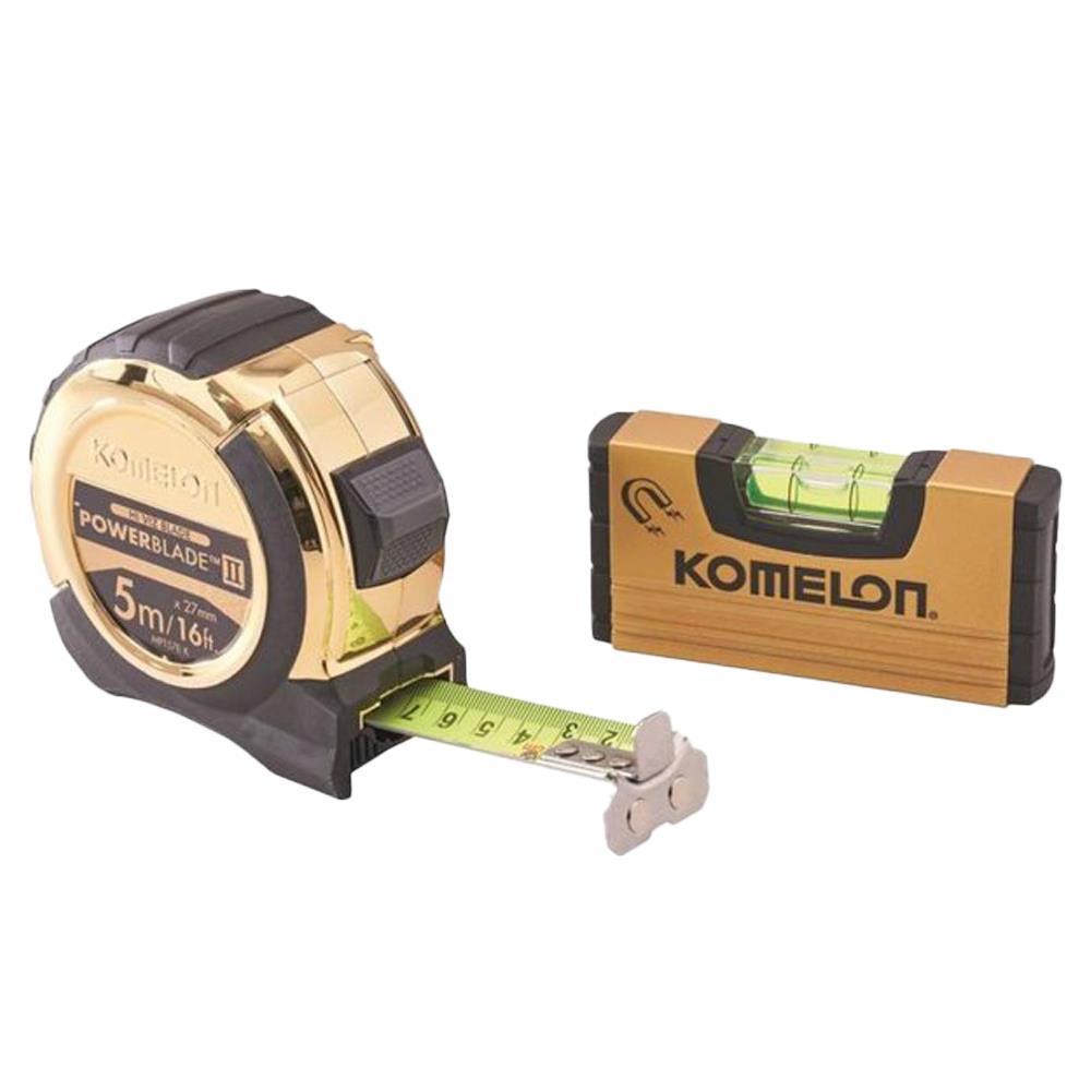 Komelon 5m Gold PowerBlade II Tape with Gold Mini Level