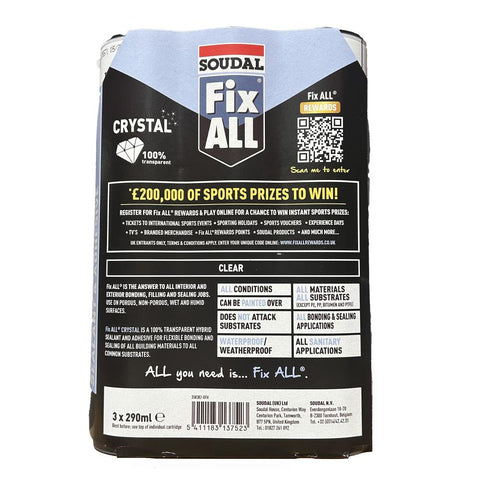 Soudal Fix All Crystal Clear 290ml Pack of 3